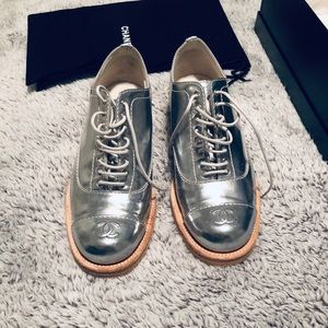 Chanel Silver Oxford Leather Flats